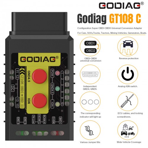 GODIAG GT108 Super OBDI-OBDII Universal Conversion Adapter For Cars, SUVs, Trucks, Tractors, Mining Vehicles, Generators, Boats, Motorcycles