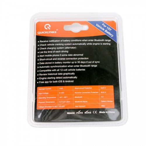 QUICKLYNKS Battery Monitor BM2​​ Bluetooth 4.0 Device Car 12V Battery Tester