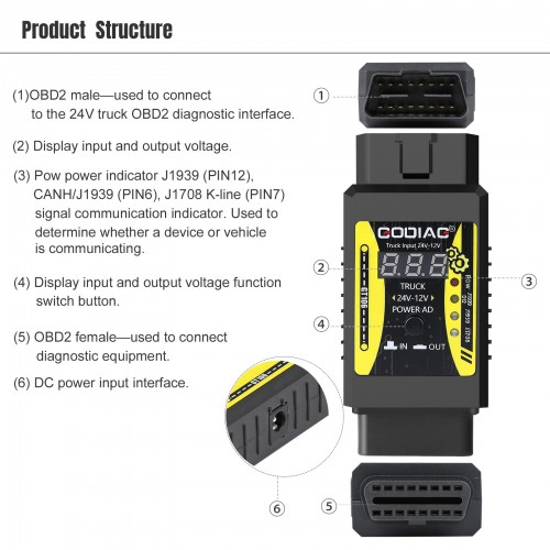 GODIAG GT106 24V-12V Heavy Duty Truck Adapter Works with X431 easydiag/ Golo/ M-DIAG/ IDIAG/ ThinkCar/ ICarScan/ Diagun/ GOLO/ DBScar II