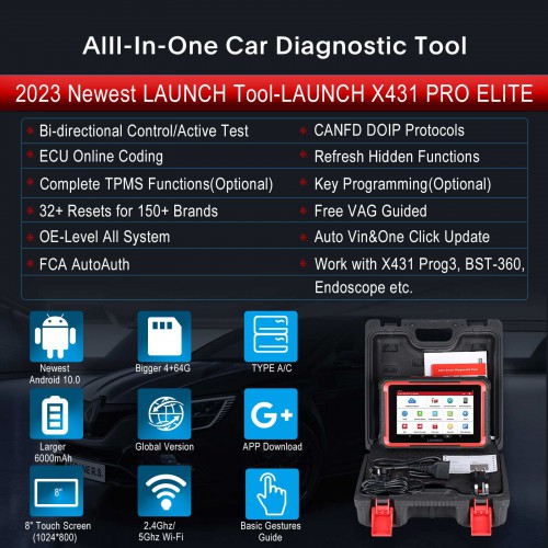 2024 Launch X431 PRO Elite 8'inch Car Diagnostic Tool All System OBD OBD2 Scanner CAN FD/DOIP Active Test 32 Reset Coding Same Function as X431 V