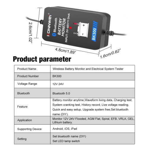 KONNWEI BK300 Battery Monitor 6V 12V 24V Electrical System Tester With BKmonitor Mobile App