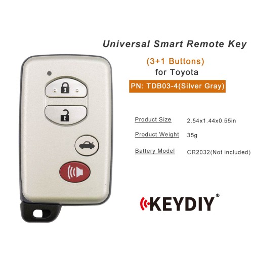 KEYDIY KD TDB03-4(Silver Gray) for Toyota Universal Smart Remote Key 3+1 Buttons With Grey Key Shell 5pcs/Lot
