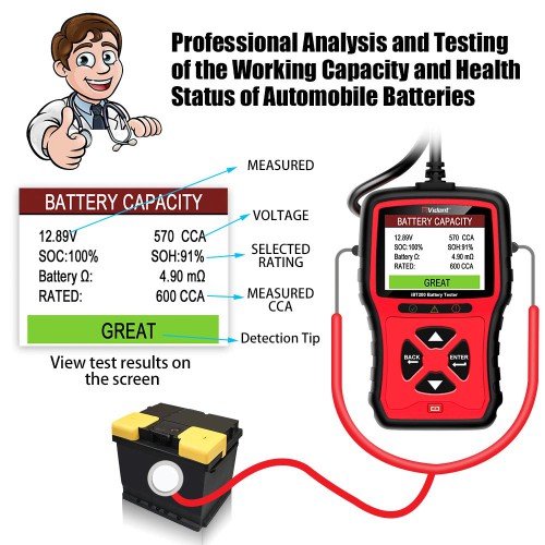VIDENT iBT200 9V-36V Tester batteria per Veicoli Passeggeri 12V e Camion Pesanti 24V Analizzatore Batteria Auto da 100 a 2000CCA