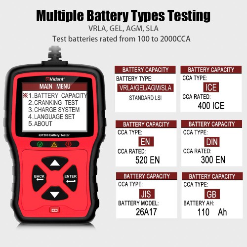 VIDENT iBT200 9V-36V Tester batteria per Veicoli Passeggeri 12V e Camion Pesanti 24V Analizzatore Batteria Auto da 100 a 2000CCA