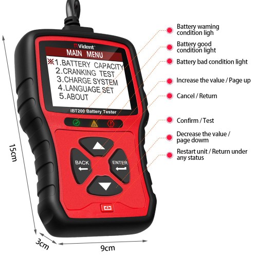 VIDENT iBT200 9V-36V Tester batteria per Veicoli Passeggeri 12V e Camion Pesanti 24V Analizzatore Batteria Auto da 100 a 2000CCA