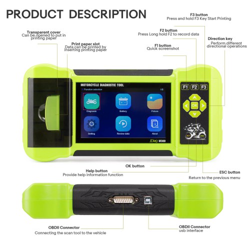 JDiag M300 Motorcycle Diagnostic Tool Read/Clear Fault Codes Digital Waveform Display ABS System Test Battery Analysis Print Test Results