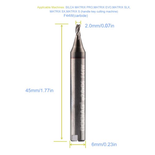 GODIAG F44W 2.0MM End Milling Cutter φ2.0xD6x45Lx3F For SILCA MATRIX PRO, MATRIX EVO, MATRIX SLX, MATRIX SX, MATRIX S 5pcs/Lot