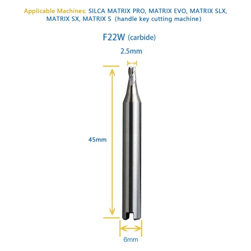 GODIAG F22W 2.5MM End Milling Cutter φ2.5xD6x45Lx3F For SILCA MATRIX PRO, MATRIX EVO, MATRIX SLX, MATRIX SX, MATRIX S