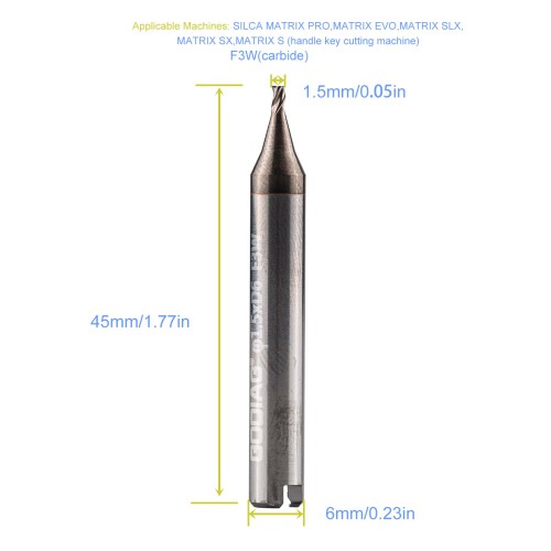 GODIAG F3W 1.5MM End Milling Cutter φ1.5xD6x45Lx3F for  SILCA MATRIX PRO, MATRIX EVO, MATRIX SLX, MATRIX SX, MATRIX S