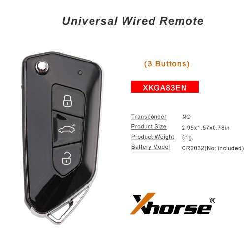 XHORSE XKGA83EN – Telecomando Universale Wired (Cablato), Serie Garage, 3 Tasti, Seconda Generazione – All Black