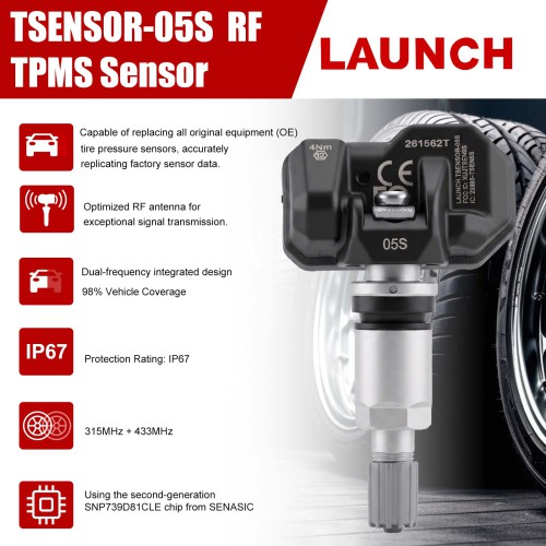 LAUNCH TSENSOR-05S RF TPMS Sensor (Overseas Configuration with Adjustable Angle Sandblasted Silver Aluminum) 4Pezzi/Lot