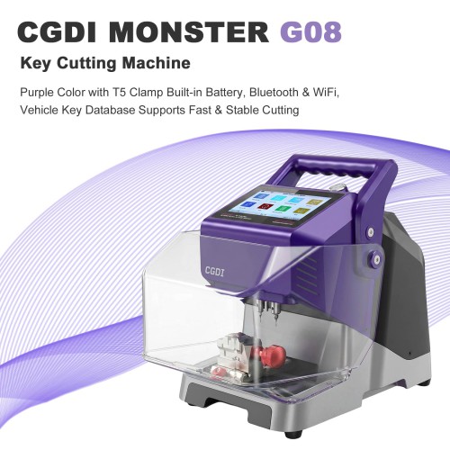 CG MONSTER G08 Key Cutting Machine Purple Color with T5 Clamp Built-in Battery, Bluetooth & WiFi, Vehicle Key Database Supports Fast & Stable Cutting