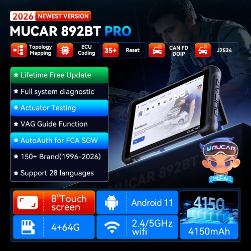 2026 MUCAR 892BT PRO Bi-directional AI Diagnostic Scanner Supports Topology CAN FD, DoIP, ECU Coding 35 Special Functions