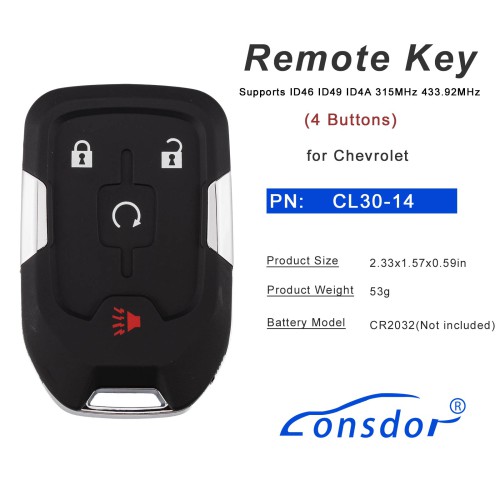 LONSDOR CL30-14 Remote Key 4 Buttons Supports ID46 ID49 ID4A 315MHz 433.92MHZ for Chevrolet