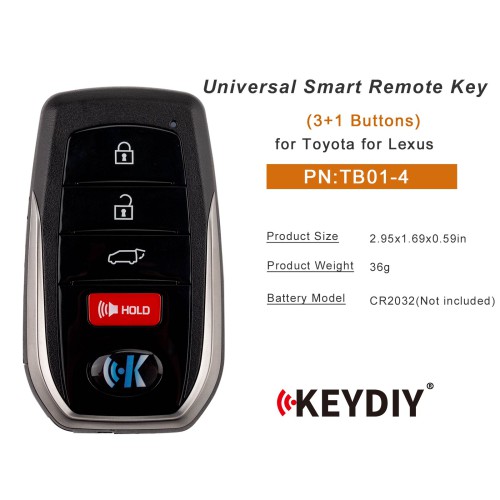 KEYDIY KD TB01-4  for Toyota for Lexus Universal Smart Remote Key 3+1 Buttons With 8A Transponder 5pcs/Lot