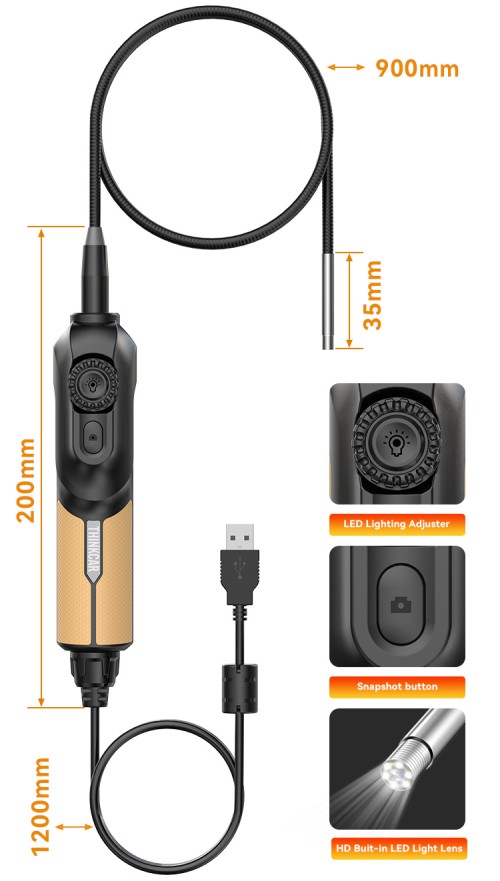 THINKCAR USB Endoscope TES 102 5.5mm IP67 Water Proof 6-Adjustable LED Lights 1280*720 Definition, Works with THINKSCAN 689BT/MUCAR 892BT/MUCAR VO8