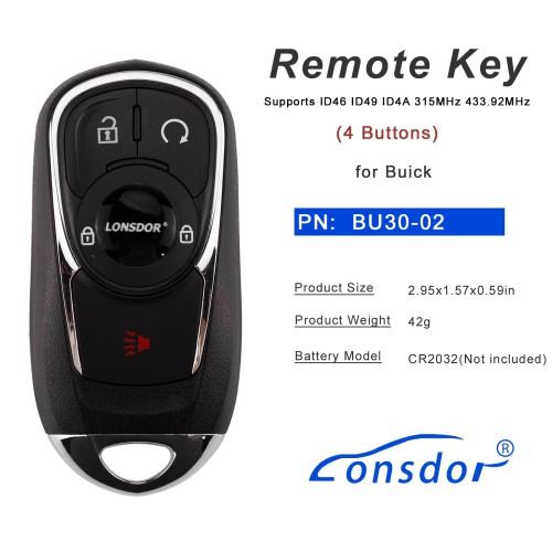 LONSDOR BU30-02 Remote Key 5 Buttons Supports ID46 ID49 ID4A 315MHz 433.92MHz for Buick