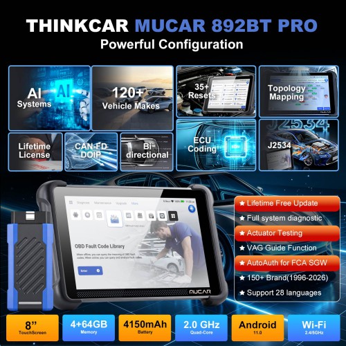 2026 MUCAR 892BT PRO Bi-directional AI Diagnostic Scanner Supports Topology CAN FD, DoIP, ECU Coding 35 Special Functions