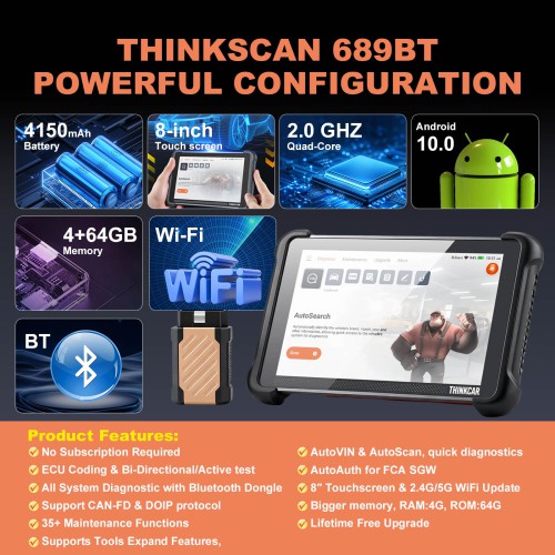 V1.2.4 THINKCAR THINKSCAN 689BT Support CAN-FD & DoIP, OE-Level Full System Diagnostic, 35+ Maintenance Functions