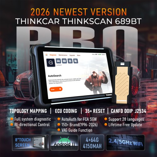 THINKCAR THINKSCAN 689BT PRO Bluetooth Diagnostic Scanner with AI Function, Supports CANFD & DOIP & J2534, 35 Reset Functions,Topology Mapping