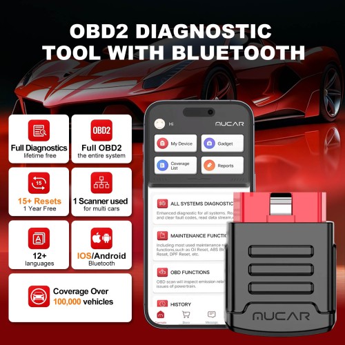 THINKCAR MUCAR BT200 Pro OBD2 Scanner Supports 15 Reset Services, Full OBD2 Functions, IOS/Android Bluetooth, 12 Languages