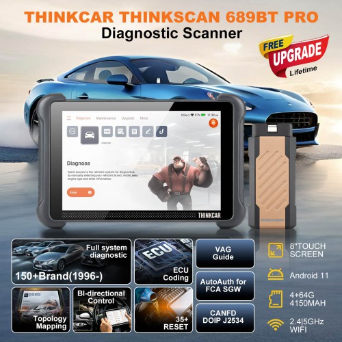 V1.2.4 THINKCAR THINKSCAN 689BT PRO Bluetooth Diagnostic Scanner with AI Function, Supports CANFD & DOIP & J2534, 35 Reset Functions,Topology Mapping