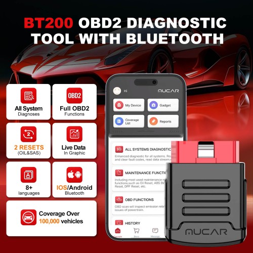 THINKCAR MUCAR BT200 OBD2 Scanner Supports 2 Reset Services, Full OBD2 Functions, IOS/Android Bluetooth, 12 Languages