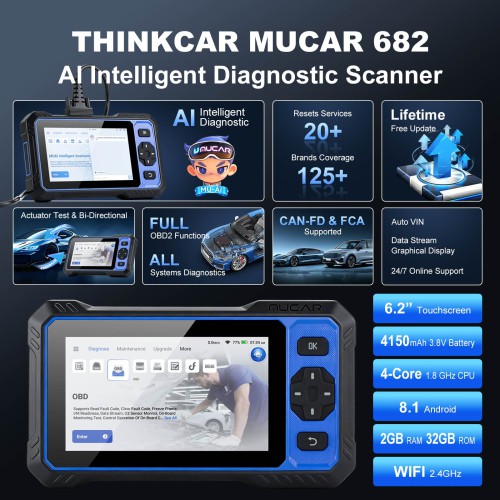 THINKCAR MUCAR 682 AI Intelligent Diagnostic Scanner, Supports CAN FD & FCA AutoAuth, 20+ Reset Functions, OE-level Full System Diagnostics