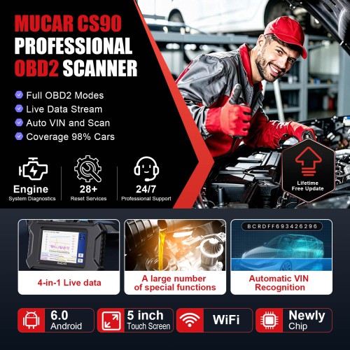 THINKCAR MUCAR CS90 Diagnostic Scanner Supports Engine System Diagnoses, 28 Reset Service Functions, ECM Diagnosis,  Full OBDII Diagnostics