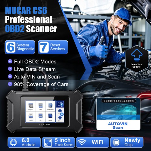THINKCAR MUCAR CS6 Diagnostic Scanner Supports 6 System Diagnoses, 7 Reset Service Functions, Full OBD2 Functions