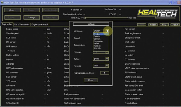 OBD Tool for Fuel Injected Honda Motorcycles Software Display