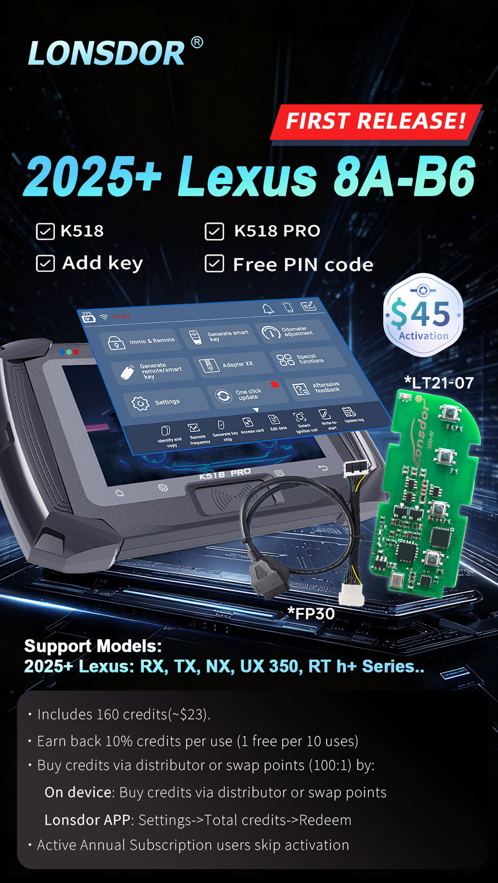 2025+ Lonsdor Toyota/Lexus 8A B6/4A BA New Model License for K518 Pro/K518ISE